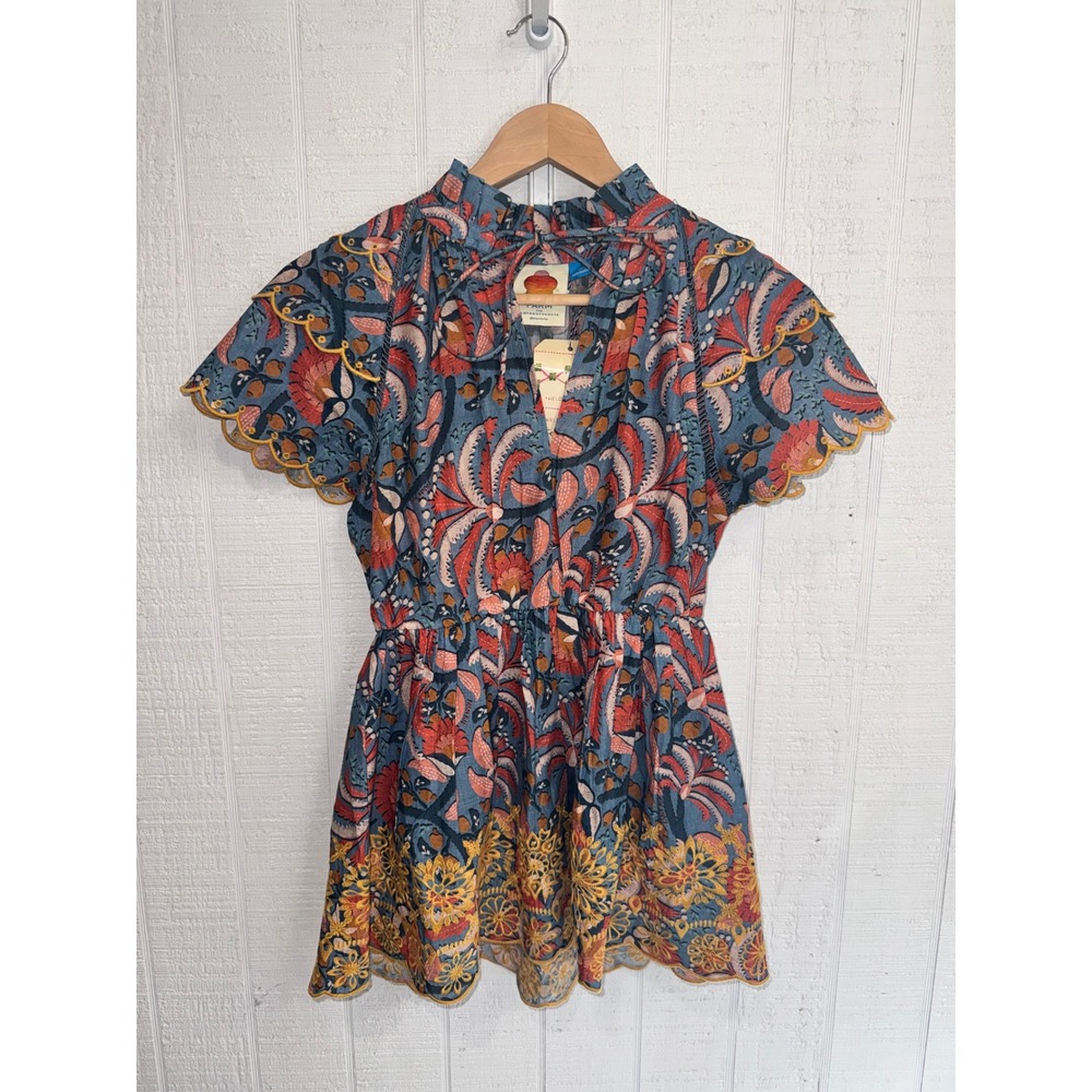 Farm Rio Tunic Blouse Womens Blue Botanical Eyelet Flutter Sleeve XS
